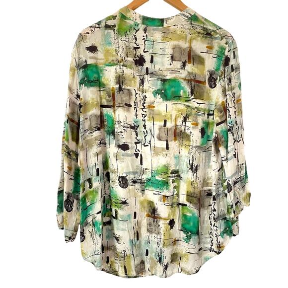 Vintage Silk Blouse Button Down Green White Black - Picture 2 of 7
